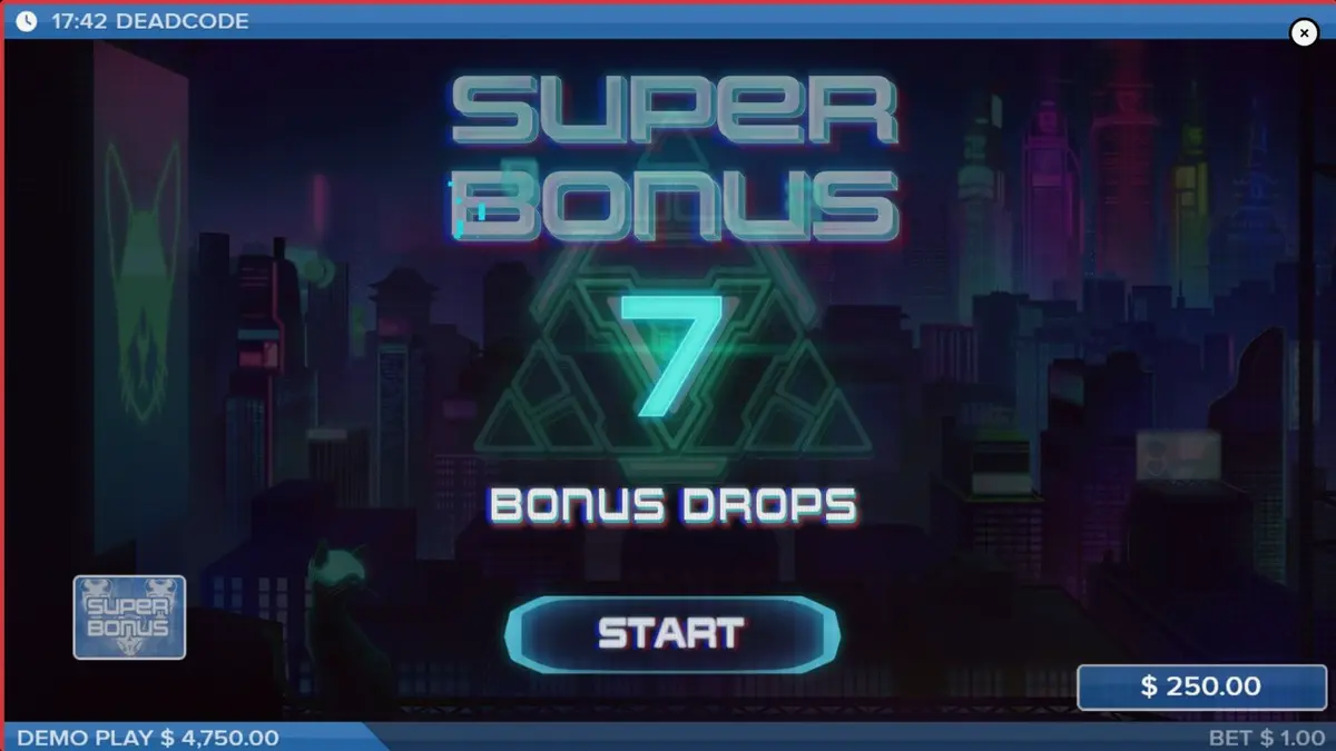 Deadcode slot game interface sa isang mobile device na nagpapakita ng cyberpunk theme