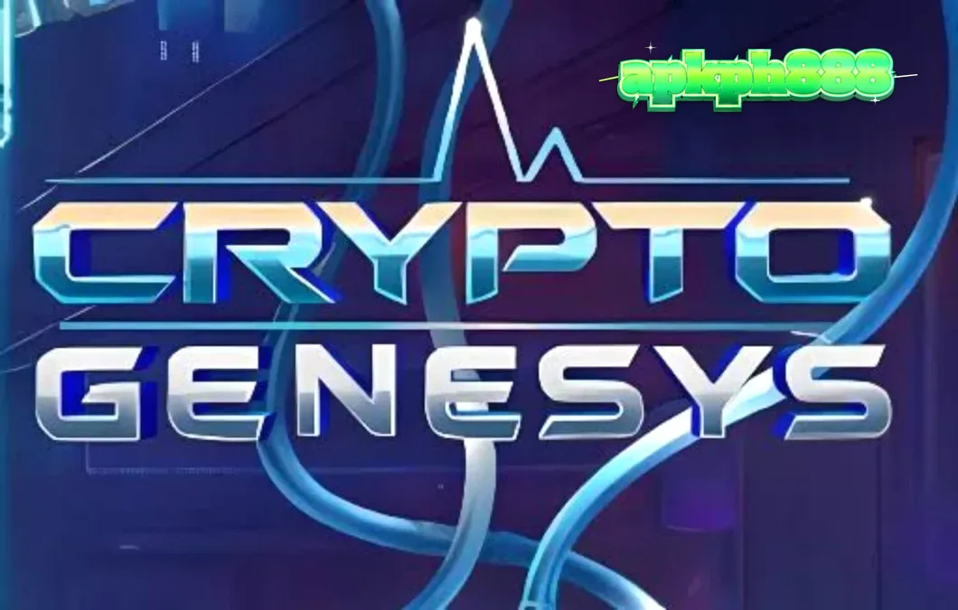 Tampilan visual futuristik slot Crypto Genesys dengan elemen neon dan simbol kripto.